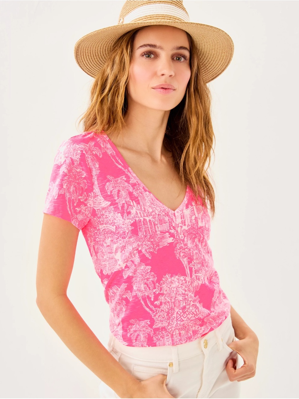 Lilly Pulitzer Pink V-Neck Short Sleeve Tee with White Scenic Print